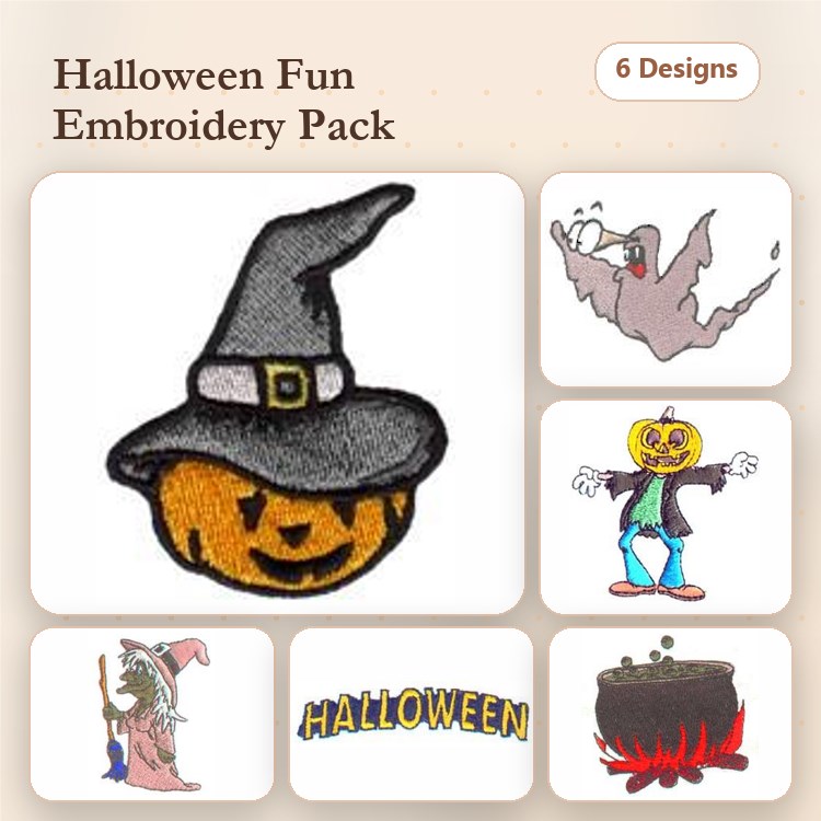 Halloween Embroidery Designs Bundle – Witch Hat, Ghost, Pumpkin Head & More (6 Designs)