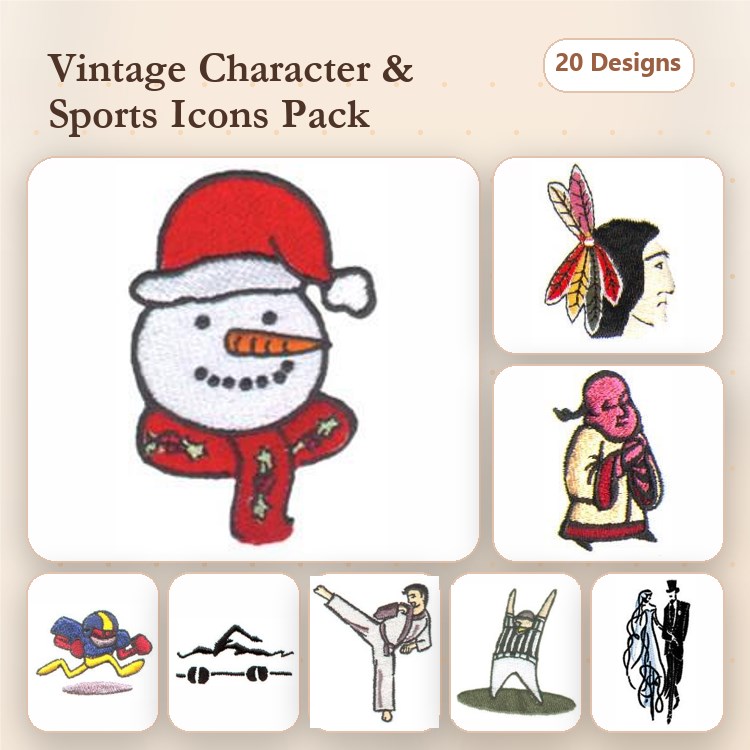 Vintage Characters & Sports Icons Embroidery Designs Bundle – Snowman, Native American Woman, Martial Artist & More (20 Designs)