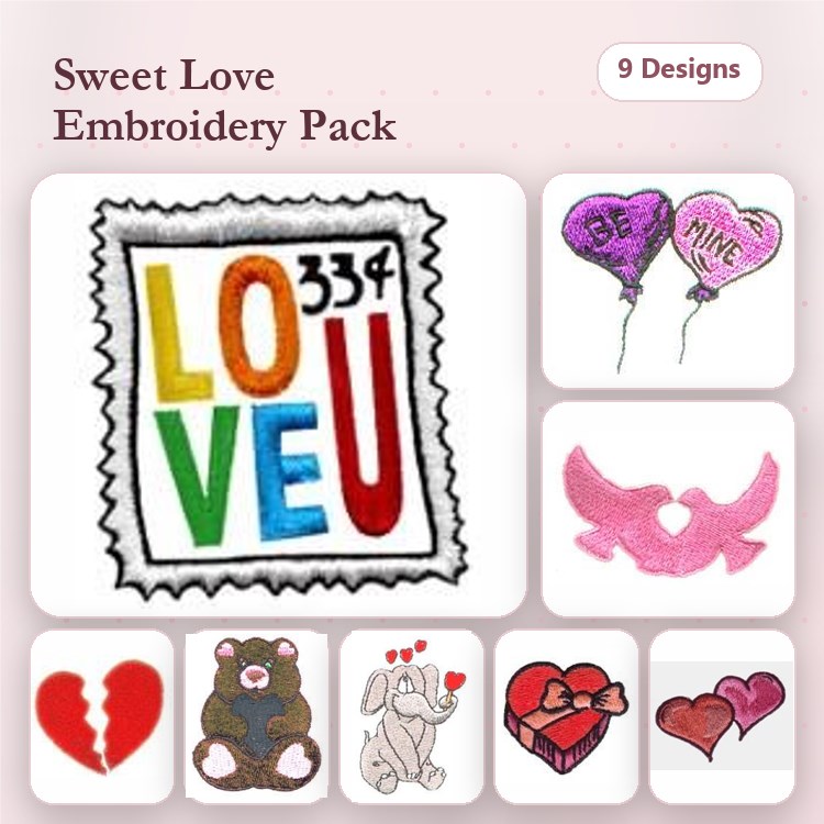 Love & Affection Embroidery Designs Bundle – LOVE U Stamp, Heart Balloons, Teddy Bear & More (9 Designs)