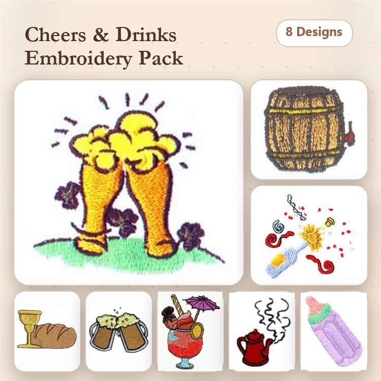 Cheers & Drinks Embroidery Designs Bundle – Beer Glass, Cocktail with Umbrella, Barrel & More (8 Designs)