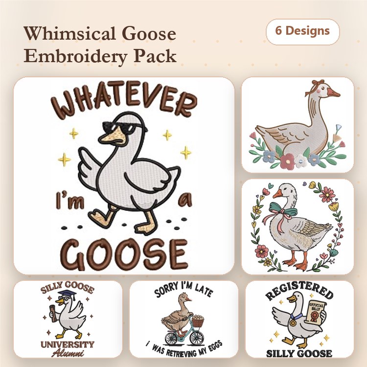 Whimsical Goose Embroidery Bundle – Fun Goose Designs (6 Designs)