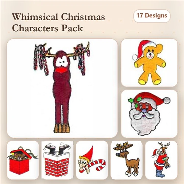 Christmas Characters Embroidery Designs Bundle – Reindeer with Garland, Teddy Bear, Santa Claus & More (17 Designs)