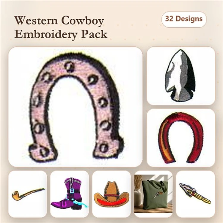 Western Cowboy Embroidery Designs Bundle – Horseshoe, Cowboy Hat, Western Boot & More (32 Designs)