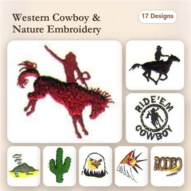 Western Cowboy & Nature Embroidery Designs Bundle – Cowboy on Horse, Cactus, Eagle & More (17 Designs)