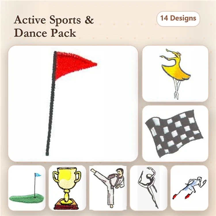 Active Sports & Dance Embroidery Designs Bundle – Red Flag, Dancer in Yellow, Checkered Flag & More (14 Designs)