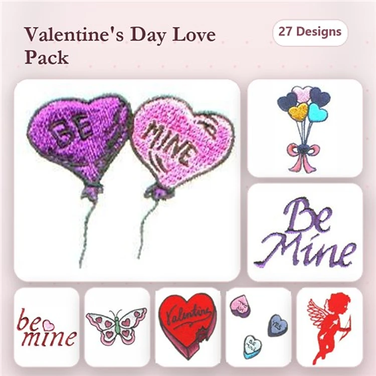 Valentine's Day Love Embroidery Designs Bundle – Be Mine Hearts, Cupid Silhouette, Balloon Bouquet & More (27 Designs)