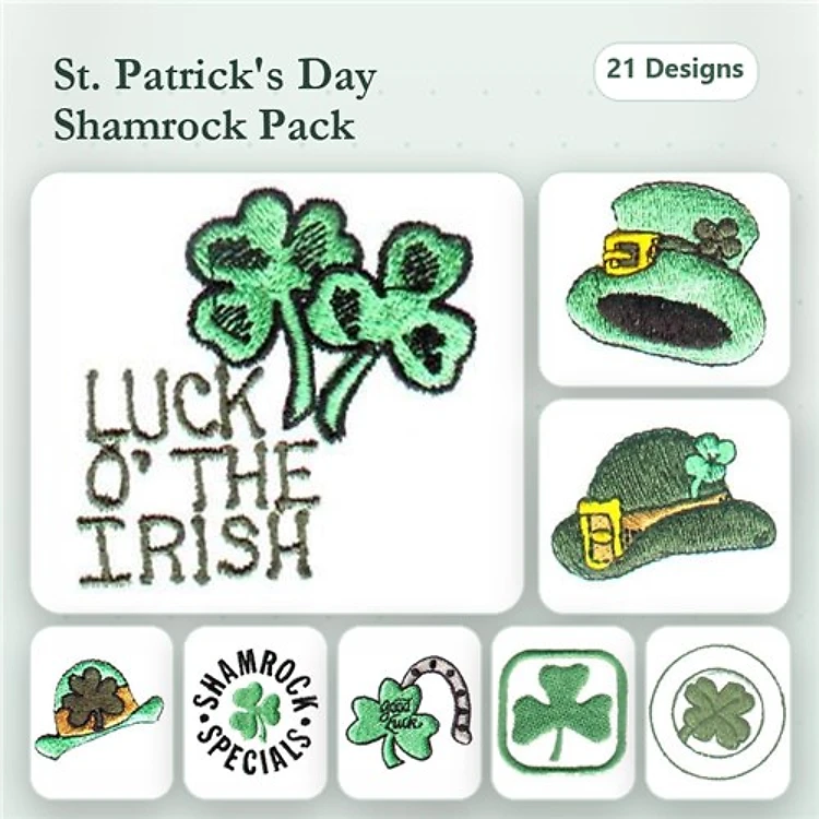 Shamrock & Leprechaun Hat Embroidery Designs Bundle – Shamrock with Leaves, Luck O' The Irish Text, & More (21 Designs)