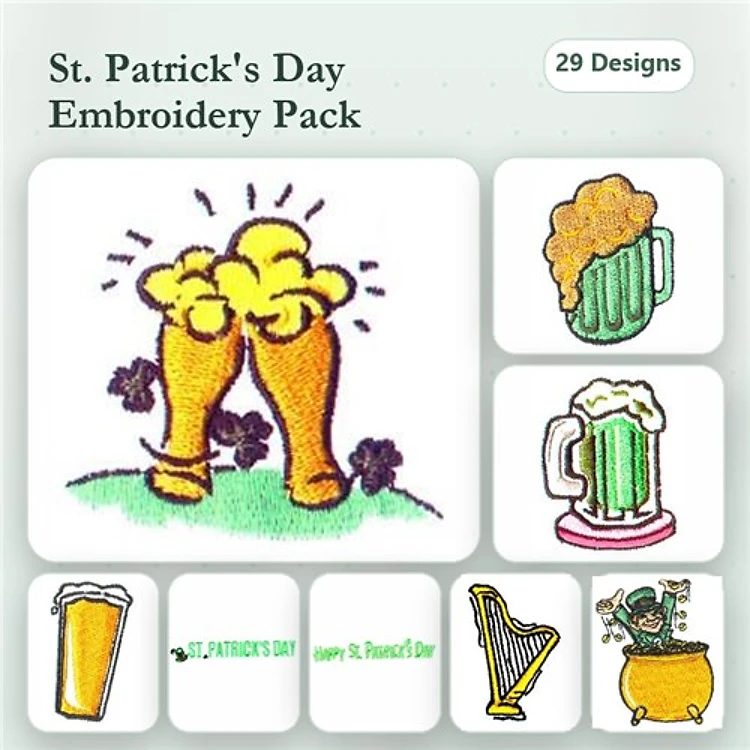 St. Patrick's Day Embroidery Designs Bundle – Beer Mug, Harp, Shamrock & More (29 Designs)