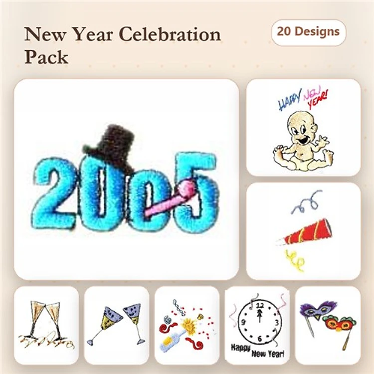 New Year Celebration Embroidery Bundle – 2025 Numbers with Hat, Baby New Year, Champagne Glasses & More (20 Designs)