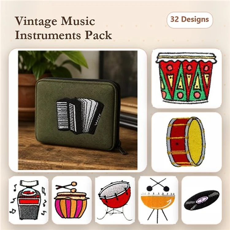 Vintage Music Instruments Embroidery Designs Bundle – Accordion, Drum with Red Pattern, Bongo Drums & More (32 Designs)