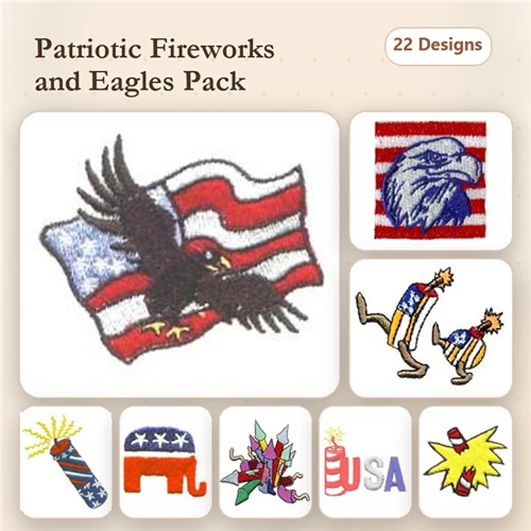 Patriotic Eagle & Fireworks Embroidery Bundle – American Flag, Party Hat, Donkey & More (22 Designs)