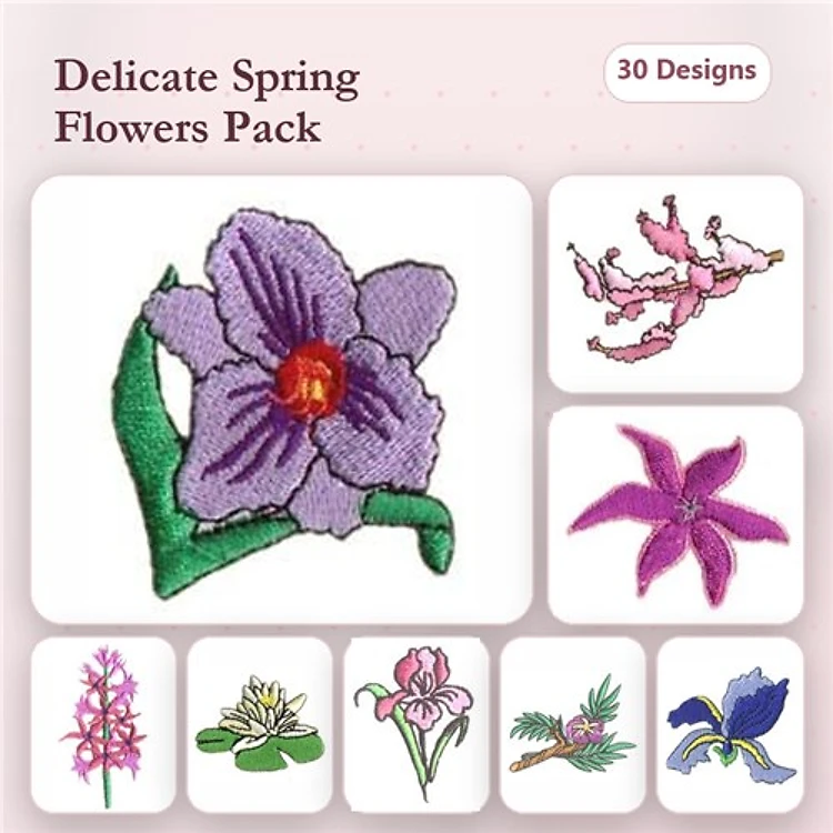 Delicate Spring Flowers Embroidery Designs Bundle – Purple Orchid, Lobelia, Lily & More (30 Designs)