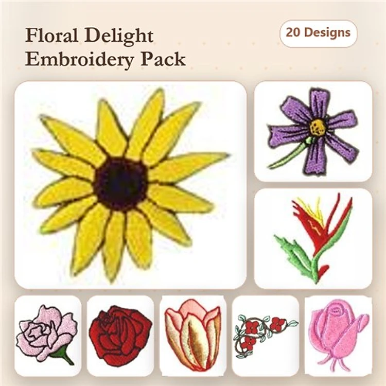 Floral Embroidery Designs Bundle – Sunflower, Purple Daisy, Pink Rose & More (20 Designs)