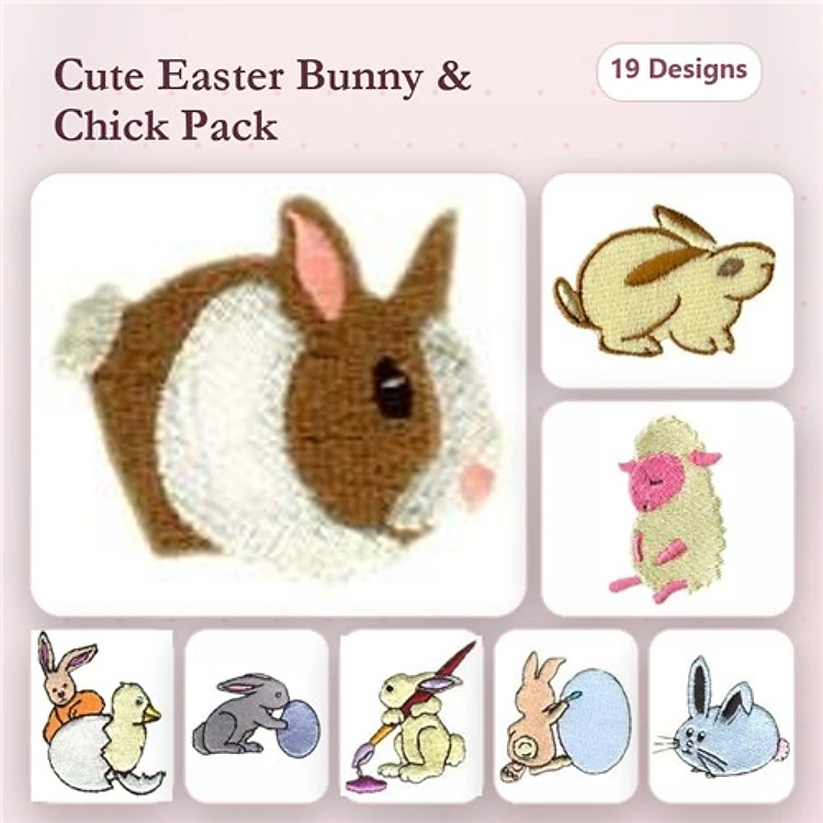 Easter Bunny & Chick Embroidery Bundle – Brown Easter Bunny, White Bunny with Egg, Chick with Egg & More (19 Designs)