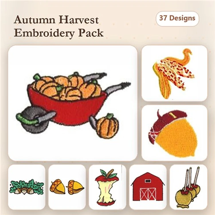 Autumn Harvest Embroidery Designs Bundle – Wheelbarrow with Pumpkins, Turkey, Acorn & More (37 Designs)