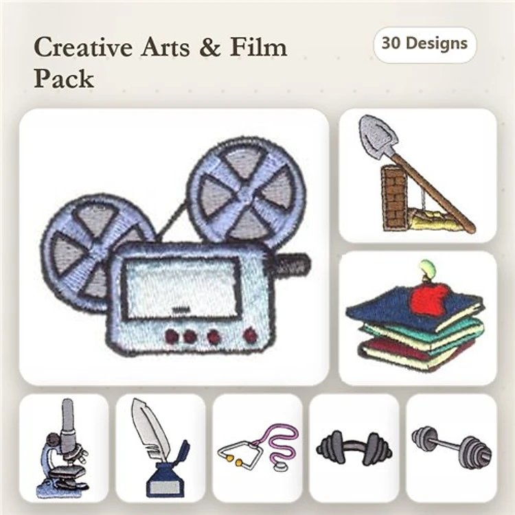 Creative Arts and Film Embroidery Designs Bundle – Film Reel, Video Camera, Microscope & More (30 Designs)