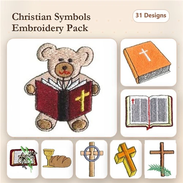 Christian Symbols Embroidery Designs Bundle – Teddy Bear with Book, Cross Design, Bible with Cross & More (31 Designs)