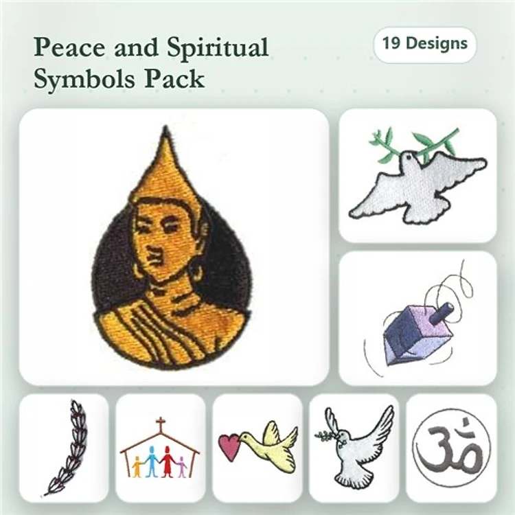 Peace and Spiritual Symbols Embroidery Designs Bundle – Buddha, Dove of Peace, Heart & More (19 Designs)