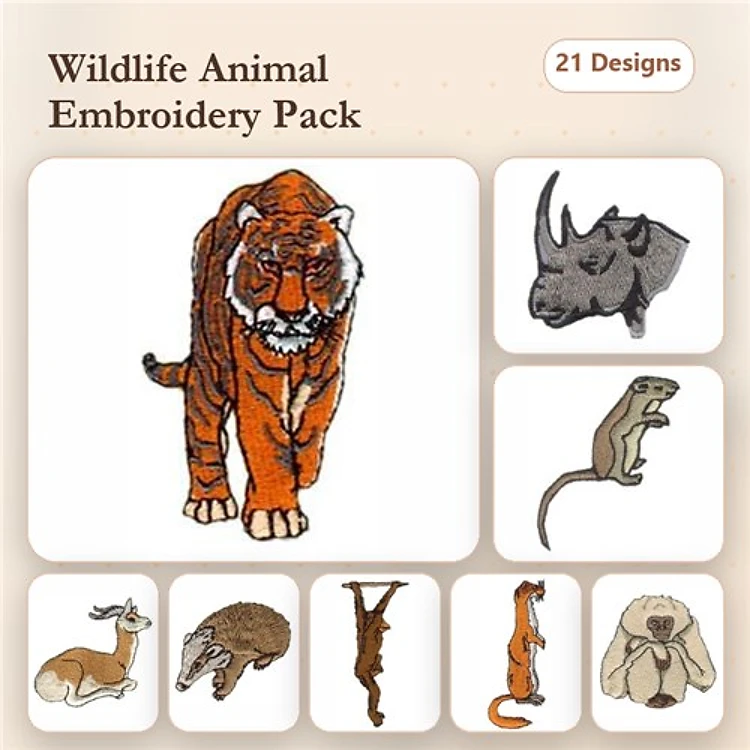 Tiger & Rhino Embroidery Bundle – Wildlife Animals (21 Designs)