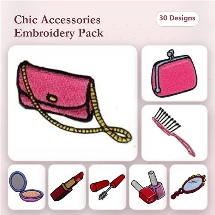 Chic Accessories Embroidery Designs Bundle – Handbag, Purse, Compact Mirror & More (30 Designs)