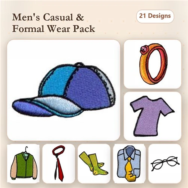 Men's Wear Accessories Embroidery Designs Bundle – Baseball Cap, Tie, Shirt & More (21 Designs)