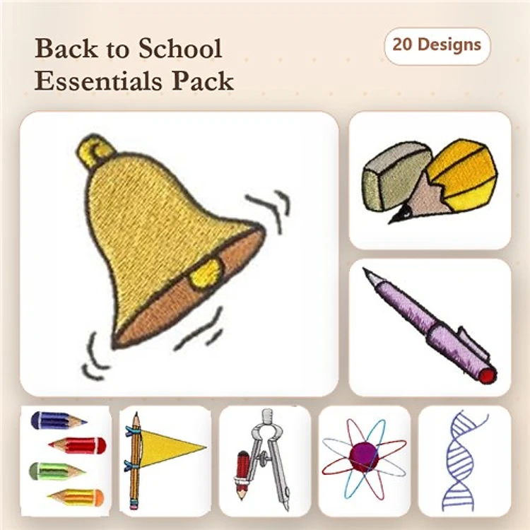 Back to School Embroidery Designs Bundle – School Bell, Pencil, Pen & More (20 Designs)