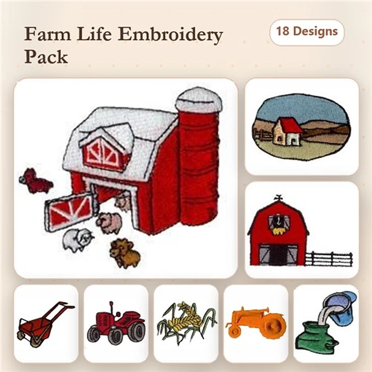 Farm Life Embroidery Designs Bundle – Red Barn with Animals, Barn Landscape, Wheelbarrow & More (18 Designs)