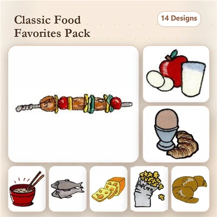 Classic Food Items Embroidery Designs Bundle – Skewered Vegetables, Apple with Milk, Egg and Toast & More (14 Designs)