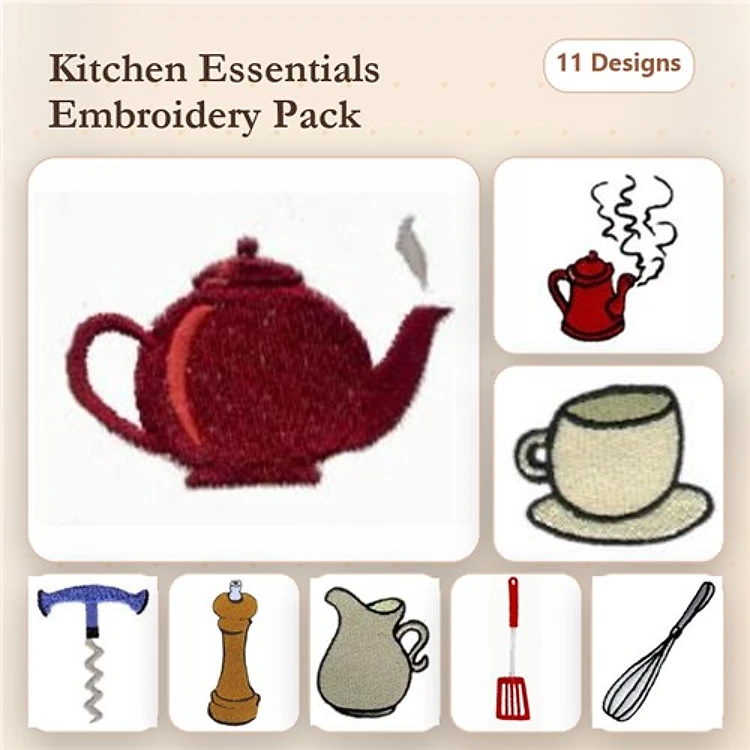 Kitchen Utensils Embroidery Designs Bundle – Teapot, Coffee Cup, Whisk & More (11 Designs)