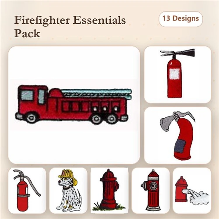 Firefighter Themed Embroidery Designs Bundle – Fire Truck, Dalmatian Dog, Fire Extinguisher & More (13 Designs)