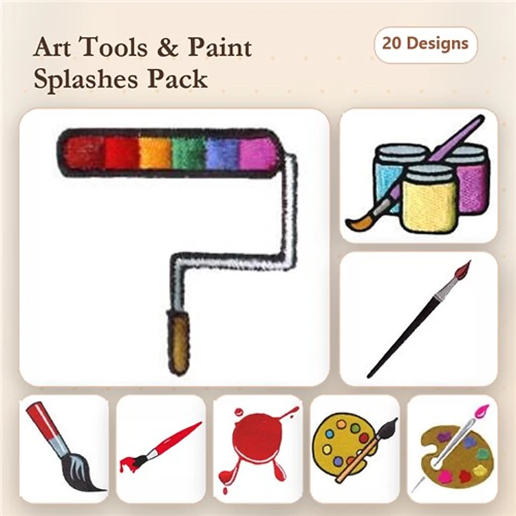 Art Tools & Paint Splashes Embroidery Designs Bundle – Paint Roller, Paint Tubes, Paint Brush & More (20 Designs)