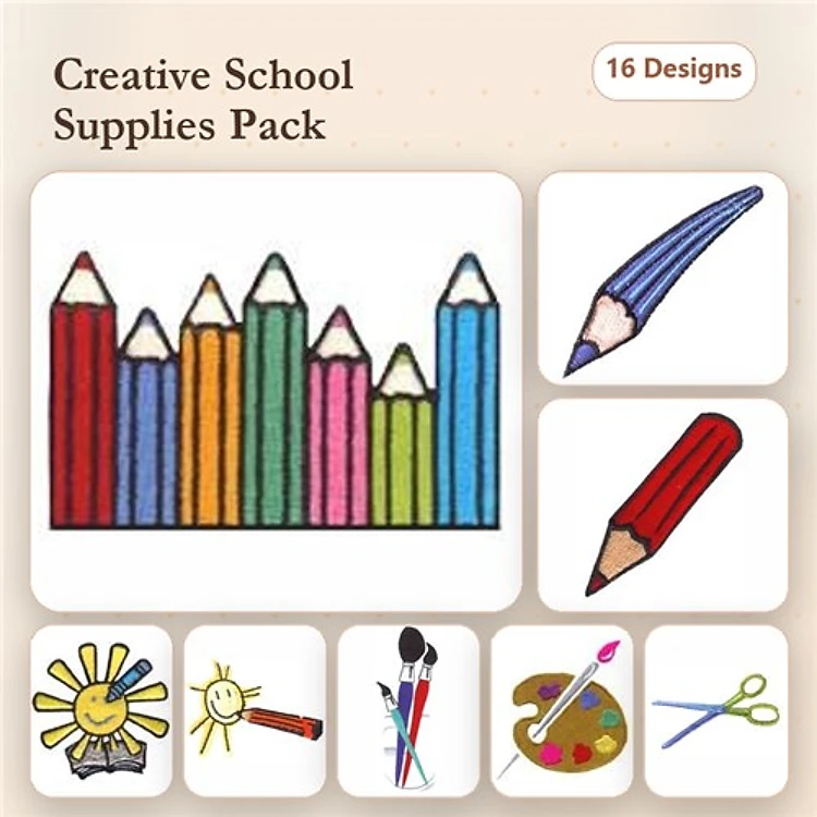 School Supplies Embroidery Designs Bundle – Colored Pencils, Paint Palette, Scissors & More (16 Designs)