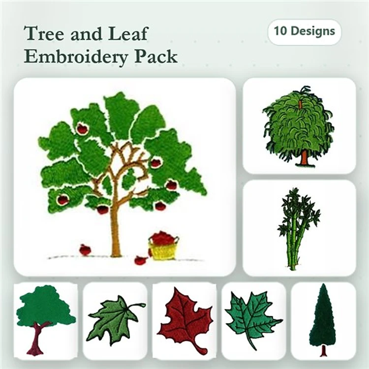 Trees & Leaves Embroidery Bundle – Apple Tree, Weeping Willow, Maple Leaf & More (10 Designs)
