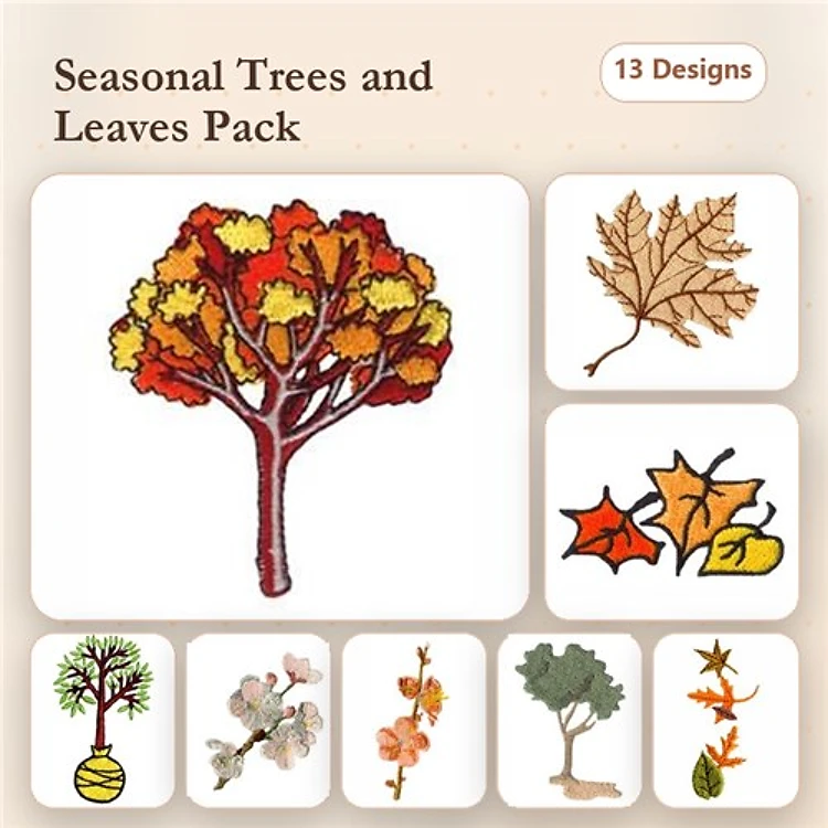 Autumn Trees & Leaves Embroidery Designs Bundle – Colorful Autumn Tree, Maple Leaf, Spruce Tree & More (13 Designs)