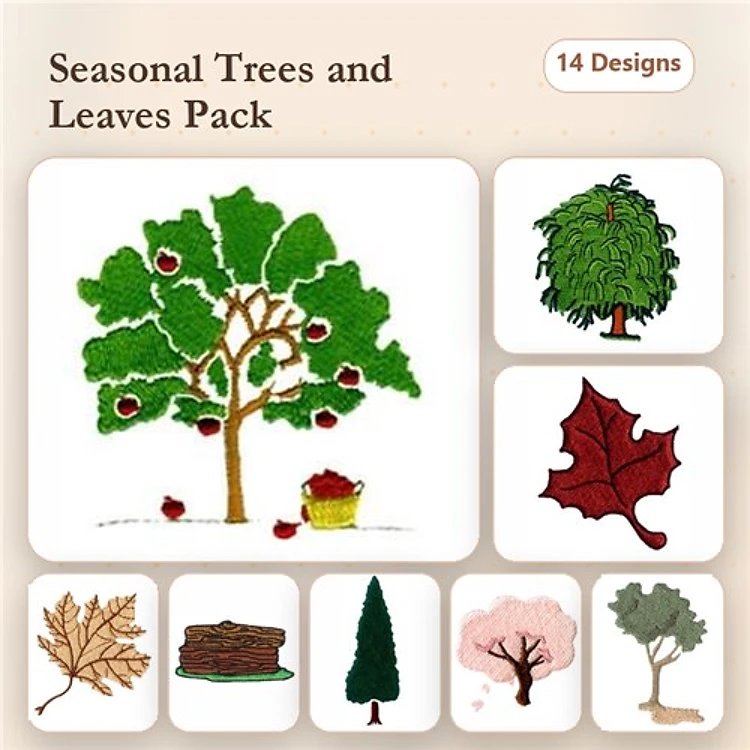 Seasonal Trees & Leaves Embroidery Designs Bundle – Apple Tree, Willow Tree, Maple Leaf & More (14 Designs)