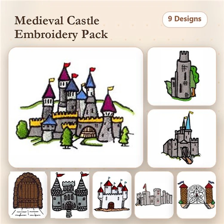 Medieval Castle Architecture Embroidery Designs Bundle – Castle, Tower, Gate, Walls & More (9 Designs)