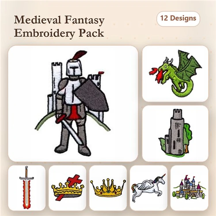 Medieval Fantasy Embroidery Designs Bundle – Knight, Dragon, Castle & More (12 Designs)