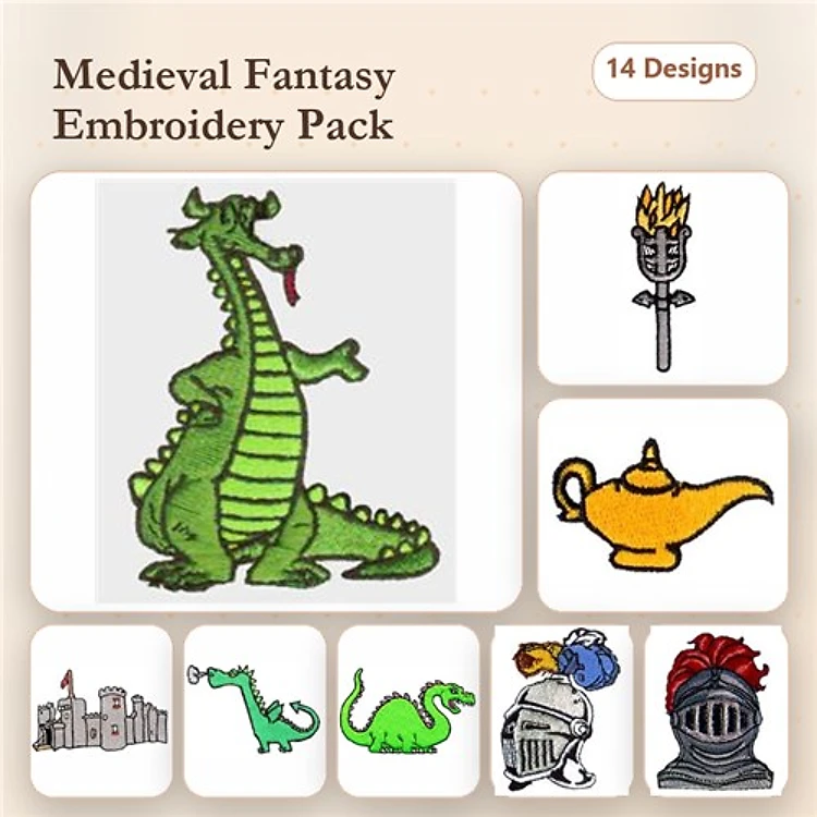 Medieval Fantasy Embroidery Designs Bundle – Dragon, Knight Helmet, Castle & More (14 Designs)