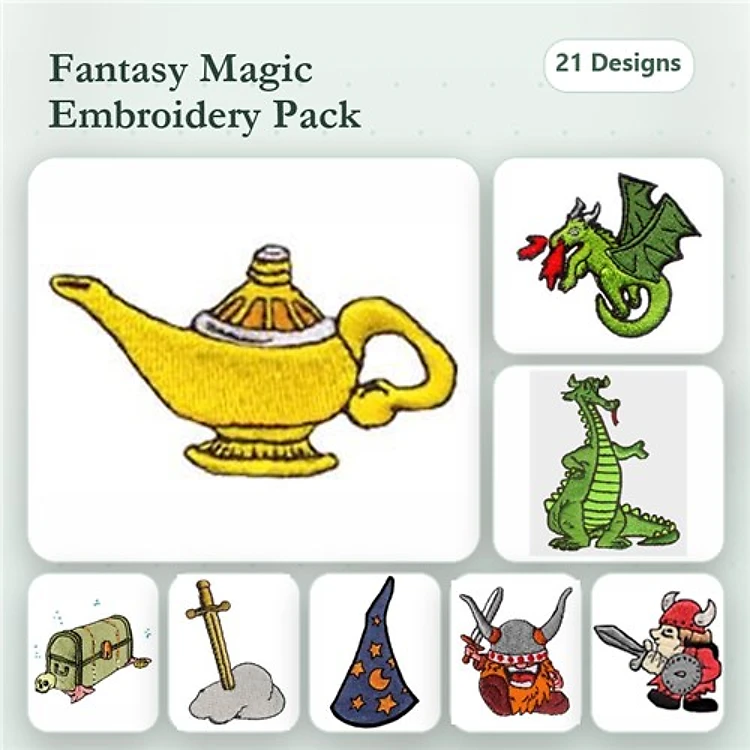 Fantasy Adventure Embroidery Designs Bundle – Magic Lamp, Dragon, Wizard Hat, Knight & More (21 Designs)