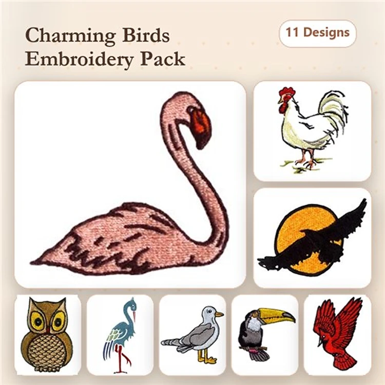 Bird Embroidery Designs Bundle – Flamingo, Rooster, Owl, Crane & More (11 Designs)