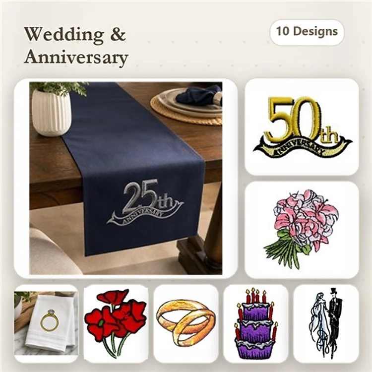 Wedding and Anniversary Celebrations Embroidery Designs Bundle – 25th Anniversary, Engagement Ring, Bridal Bouquet & More (10 Designs)