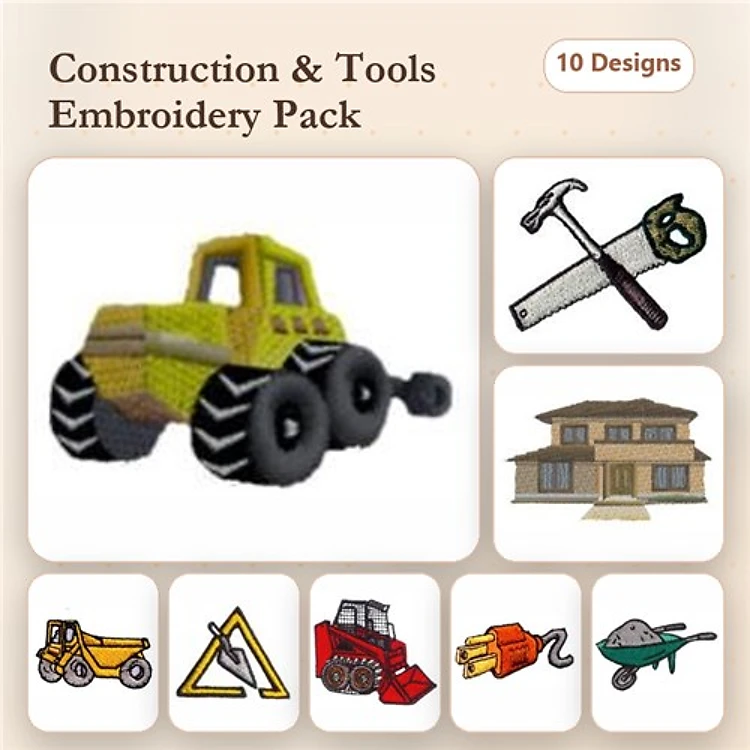 Construction and Tools Embroidery Bundle – Bulldozer, Excavator, Dump Truck & More (10 Designs)