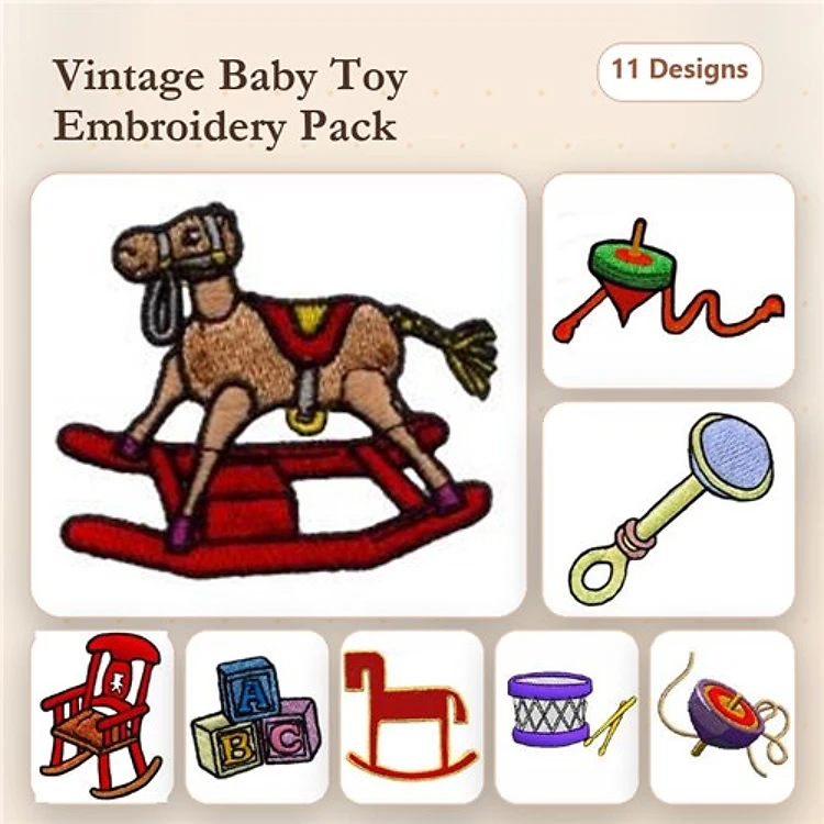Vintage Baby Toys Embroidery Designs Bundle – Rocking Horse, Baby Rattle, Toy Train & More (11 Designs)