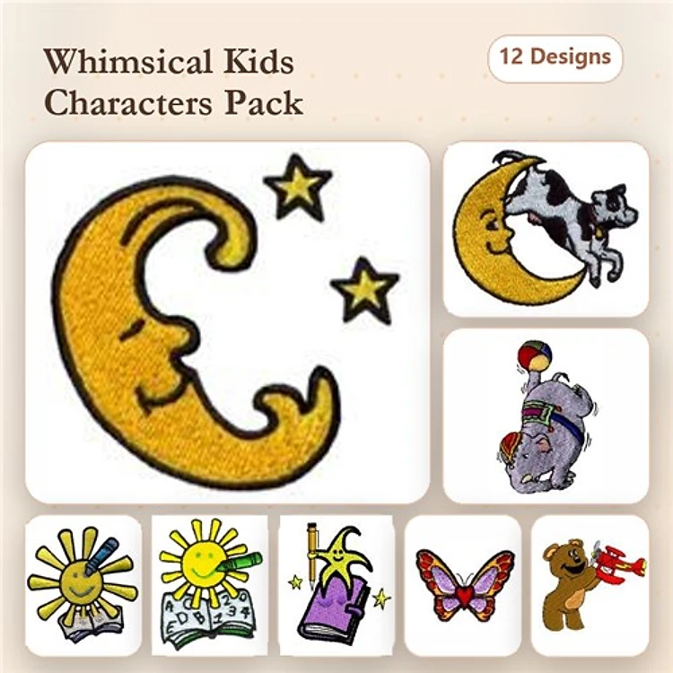 Whimsical Kids Characters Embroidery Designs Bundle – Moon with Stars, Cow Character, Elephant with Ball & More (12 Designs)