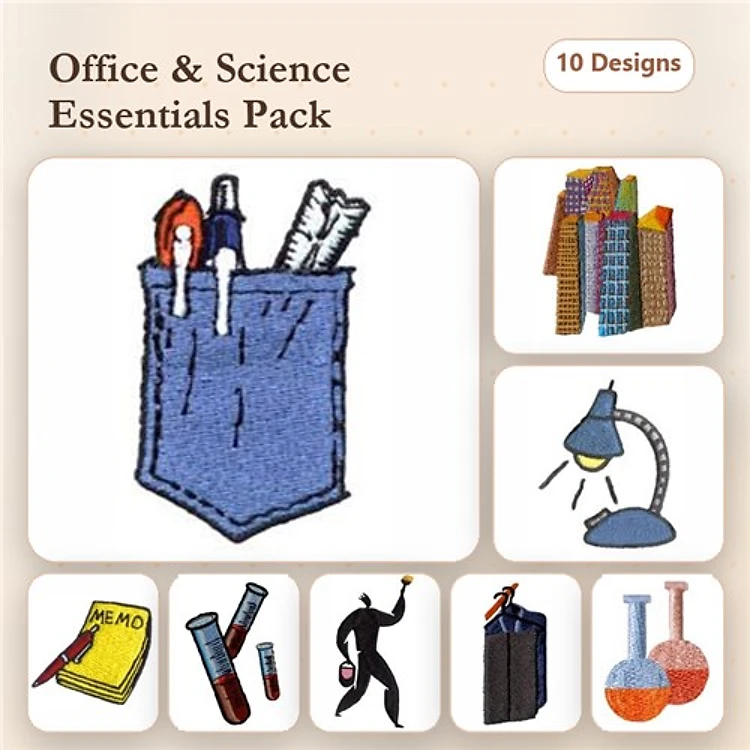 Office & Science Embroidery Designs Bundle – Pocket with Pens, Desk Lamp, Stack of Books & More (10 Designs)