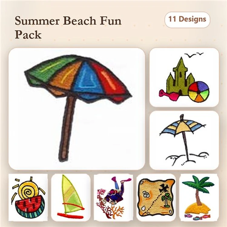 Beach-Themed Embroidery Designs Bundle – Beach Umbrella, Sandcastle, Beach Ball, & More (11 Designs)