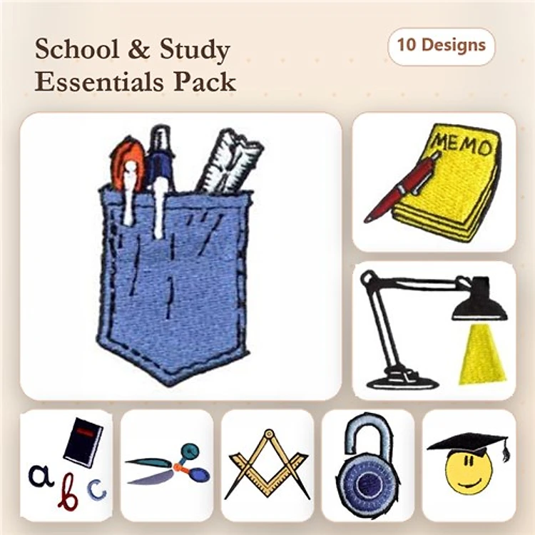 School and Study Items Embroidery Designs Bundle – Pocket with Pens, Memo Pad, Desk Lamp & More (10 Designs)