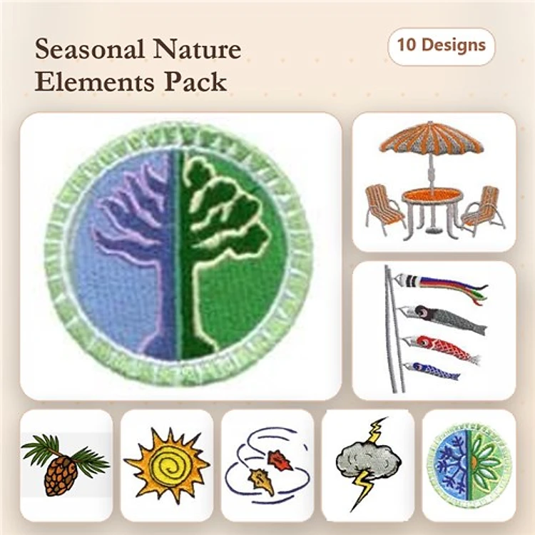Seasonal Nature Elements Embroidery Designs Bundle – Tree Emblem, Pineapple, Sun & More (10 Designs)
