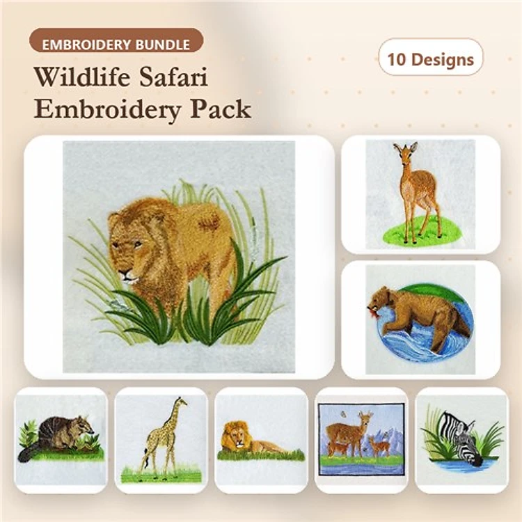 Wildlife Safari Embroidery Designs Bundle – Lion in Grass, Standing Gazelle, Wolf by Water & More (10 Designs)
