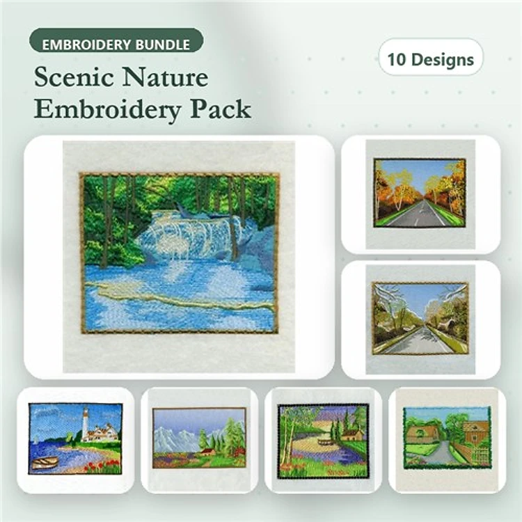 Scenic Nature Embroidery Designs Bundle – Waterfall Scene, Autumn Road, Lighthouse View & More (10 Designs)